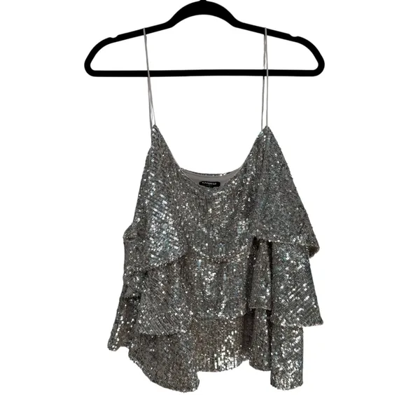 Express Silver Sequin Tiered Camisole V-Neck Spaghetti Strap Tank Top XL 02496 - Image 2