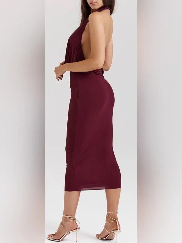 New HOUSE OF CB FLORENTINA halter Merlot Draped Midi Dress sz XL L+ - Image 3