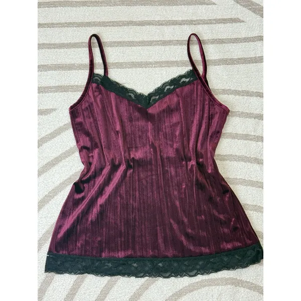 90s Y2k Womens Burgundy Velvet Lace Babydoll Vampy Whimsigoth Cami Tank Top Sz M - Image 3