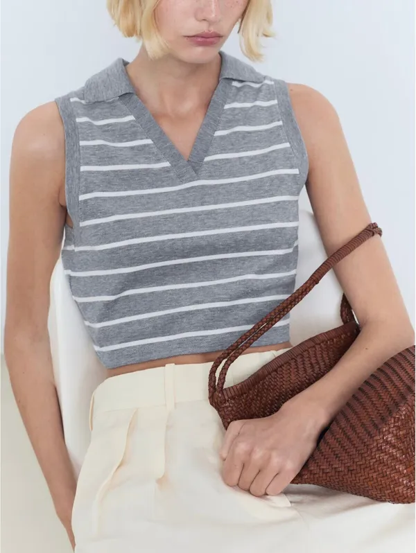Mango Striped Cropped Polo Shirt NWT Blue L - Image 5
