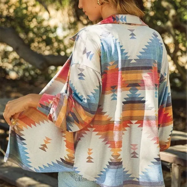 Boho Shacket Tribal Aztec Print Cream Button Collar Pockets Long Sleeve Medium - Image 8