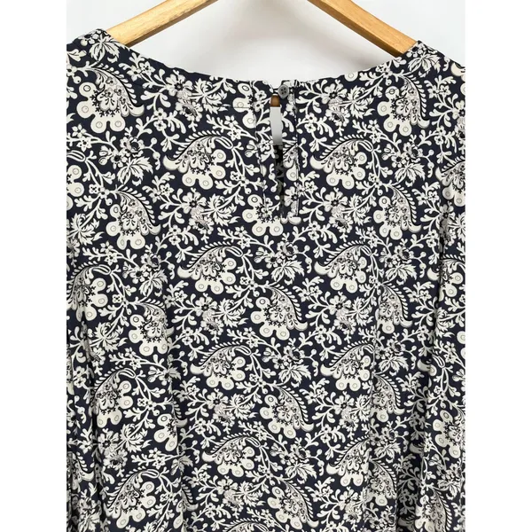 LOFT Blouse Women L Navy Blue White Floral Paisley Long Sleeve Keyhole Back - Image 10