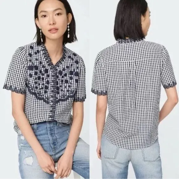 J.Crew Embroidered Indigo Crinkled Gingham Short Sleeve Navy White Top Cotton XS - Image 2
