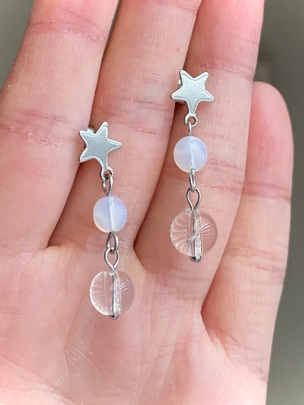 Handmade czech glass beads mix star dangle earrings 🌀⭐️💦 - Image 5