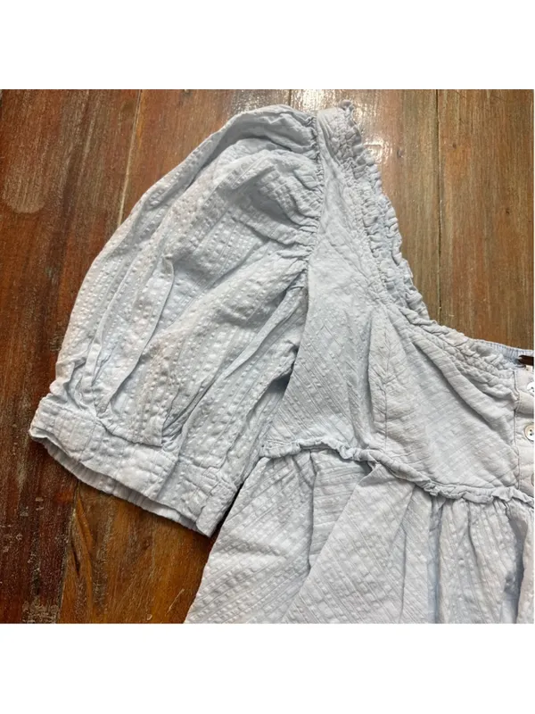 Free People Baby Blue Seersucker Puff Sleeve Babydoll Top Smocked Back S - Image 4