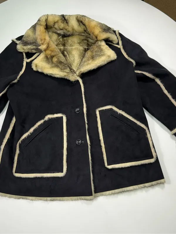 dennis basso Black Coat with Tan Faux-Shearling Trim Size XL NWOT - Image 2