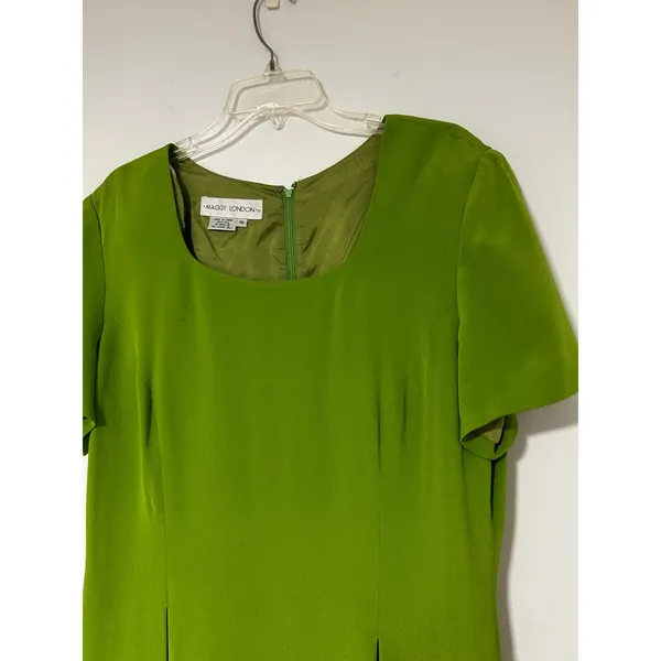 Maggy London Vintage 100% Silk Lime Green Sheath Dress Short Sleeve Size 16 - Image 2