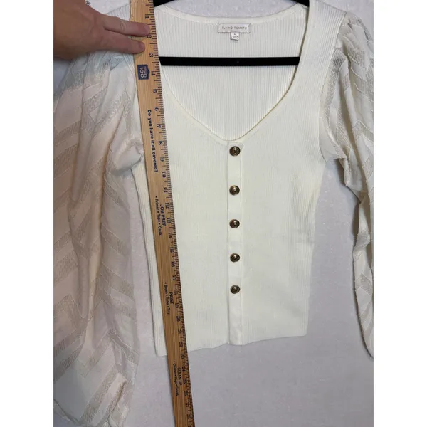 Flying Tomato Cream Ribbed Knit Top Gold Crest Buttons Lace Balloon Sleeve M - Image 9