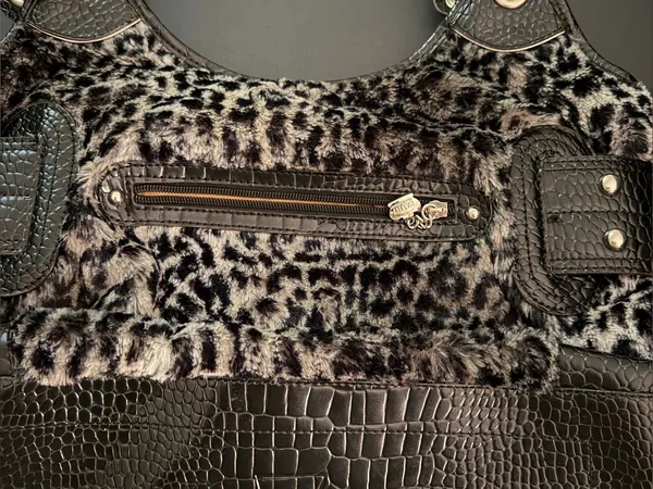 Kathy Van Zeeland Black and Gray Leopard Faux Fur Purse Y2K - Image 5