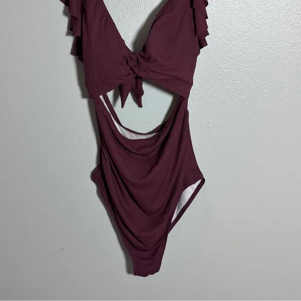 Charmo Women Maternity‎ Burgundy Ribbed Swimsuit One Piece size L - Image 4