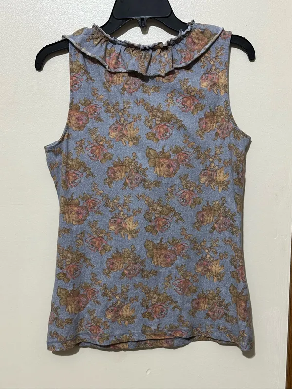 LAUREN JEANS CO. Ralph Lauren Floral Ruffle V-Neck Tank Top M 18” p2p Blue Multi - Image 8