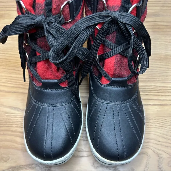 Madden Girl Chill Black and Red Buffalo Check Plaid Winter Rain Duck Boots - Image 4