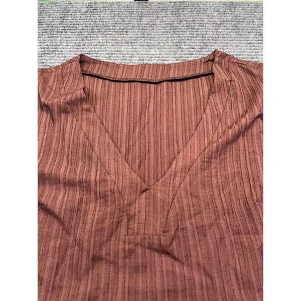 Brown V-Neck Babydoll Tiered‎ Short Sleeve Mini Dress Boho Relaxed Fit Large - Image 3