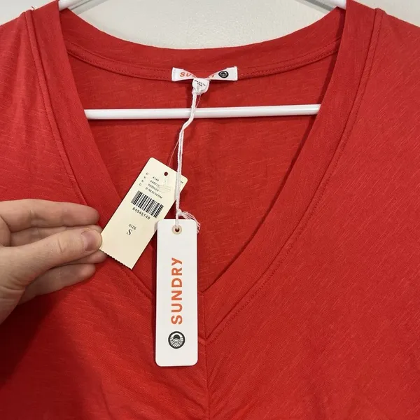 Sundry Anthropologie NWT Ruched V-Neck Long Sleeve Mini Dress in Red Size‎ Small - Image 3