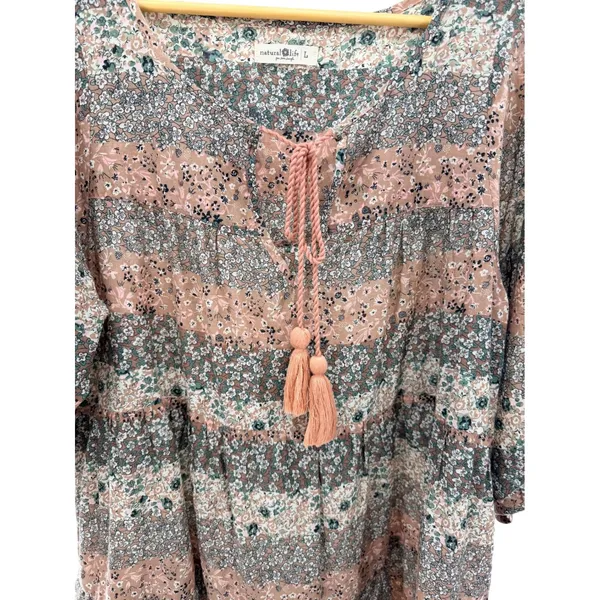 Natural‎ Life Womens Floral Tiered Tunic Mini Dress Cotton Boho Tassel L Prairie - Image 2