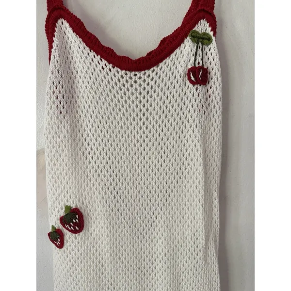 NWOT WAYF Cherry Applique Crochet Knit Maxi Dress Ivory Red Size Medium - Image 4