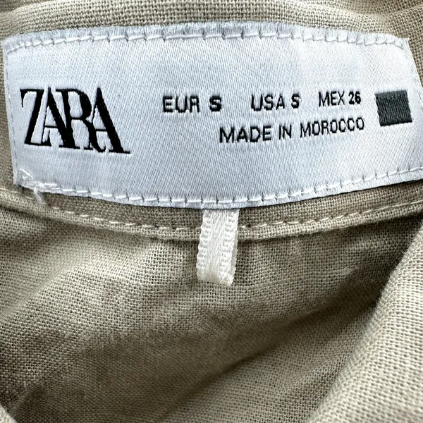 Zara Linen Shirt Dress Collar Mini Short Sleeve Belted Button Pockets Beige S - Image 3