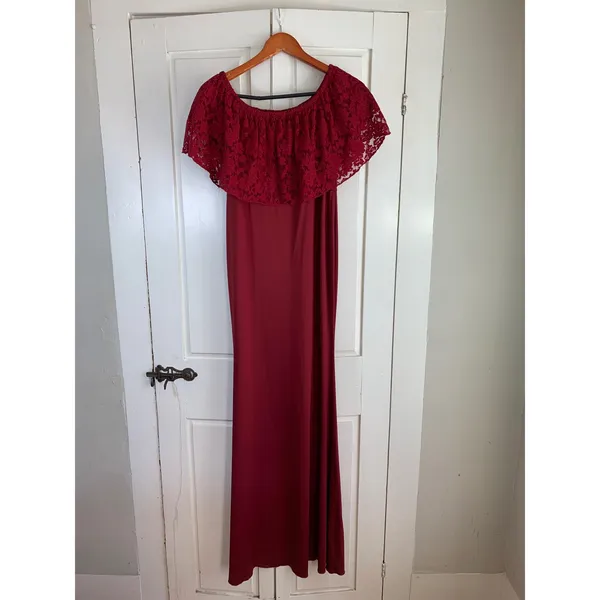Burgundy Lace Off-Shoulder Maxi‎ Dress Romantic Vampire Whimsigoth Soft Goth M - Image 3