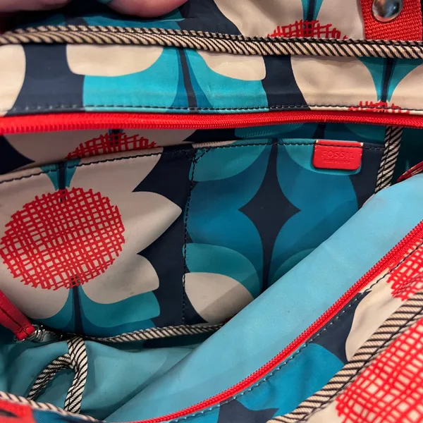Fossil Floral Nylon Tote Bag Blue White Red‎ Retro Mod Zippered Shopper - Image 6