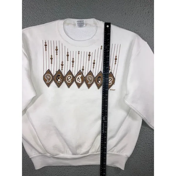 Vintage 90s Jerzees Sweatshirt Women XL White Paisley Geometric USA Made Grandma - Image 14