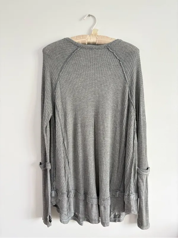 Free People We The Free Grey Thermal Long Sleeve Waffle Knit Oversized Top - Image 7