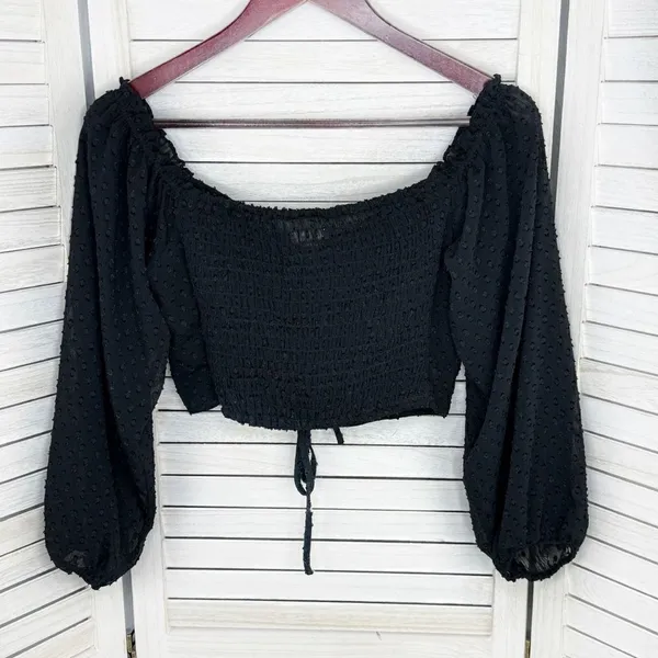 Aeropostale Clip Dot Lace Up Off The‎ Shoulder Crop Top Black Medium Sheer Indie - Image 10