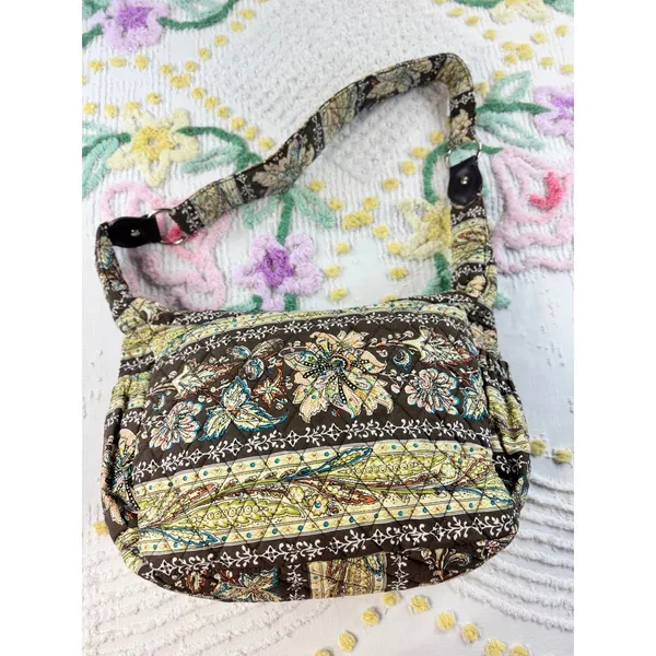 Quilted vtg‎ Floral Paisley Cotton Shoulder Bag Brown Hobo Purse Zippered Pocket - Image 2
