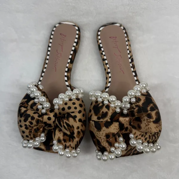Betsey Johnson Womens Leopard Print Pearl Bow Square Toe Flat Slide‎ Sandals 5 - Image 5