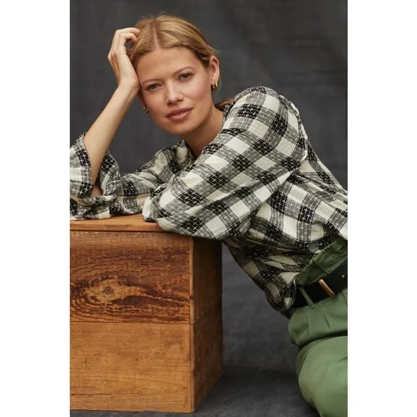 Anthropologie Pilcro Breezy Plaid Buttondown Top XS Check Textured Grunge Emo - Image 2
