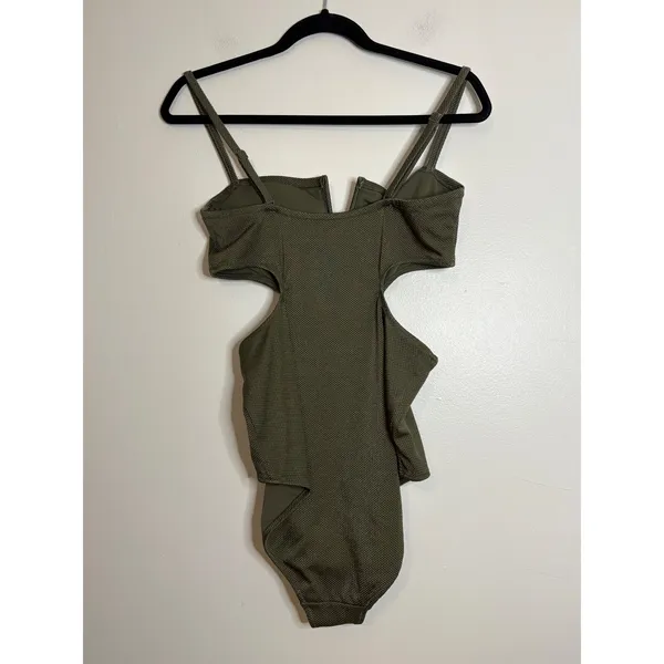 Aerie Real Good‎ Olive Green Textured V-Wire Cut-Out One Piece Swimsuit Large - Image 4