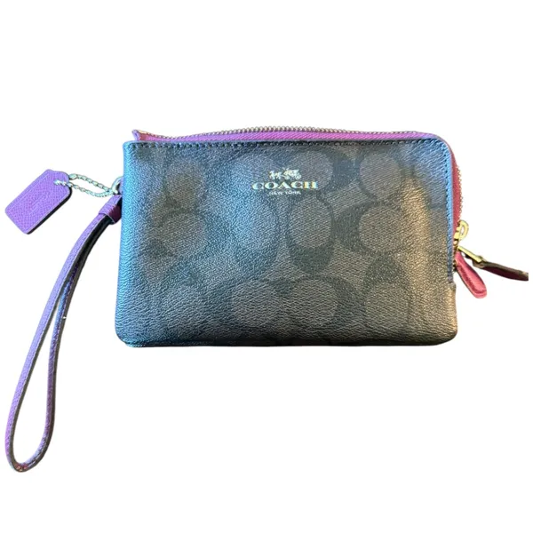 Coach Double Zip Brown & Fuchsia Wristlet Wallet - Image 3