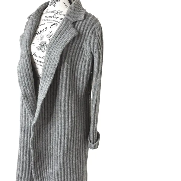 Women's Long Cardigan Sweater Gray Sz M Lambswool Ribbed Belted Open Front Cozy - Image 2