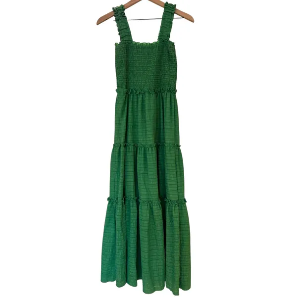Fanco‎ Green Maxi Dress Green Smocked Tiered Small Sleeveless Ruffle Summer - Image 2
