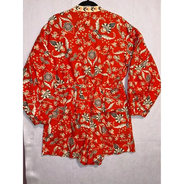 Farm Rio Anthropologie Long Sleeve Romper Red Orange Floral Cotton $228 NWT - Image 6