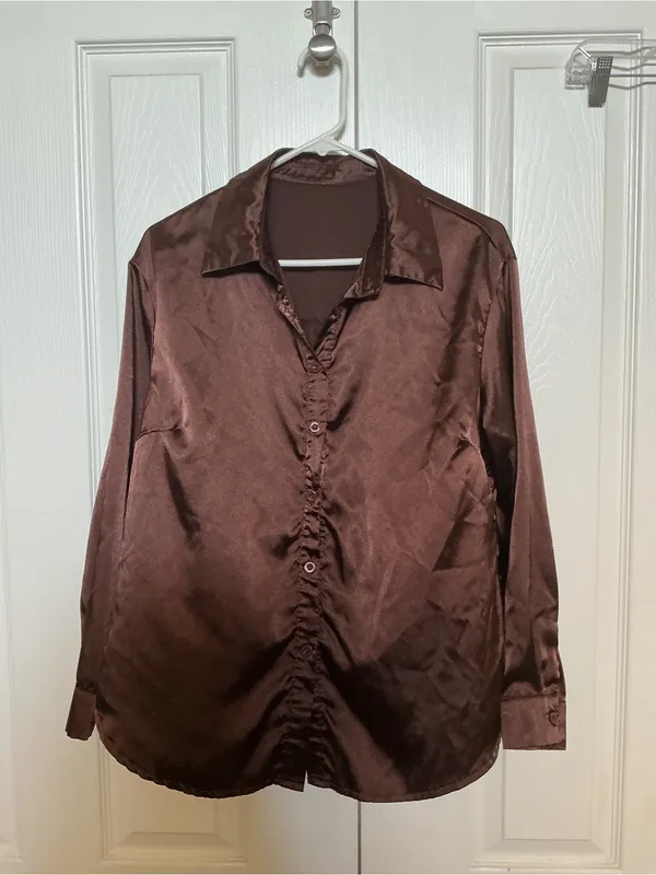 Women’s Satin Button-Up Shirt in Dark Brown - Image 2