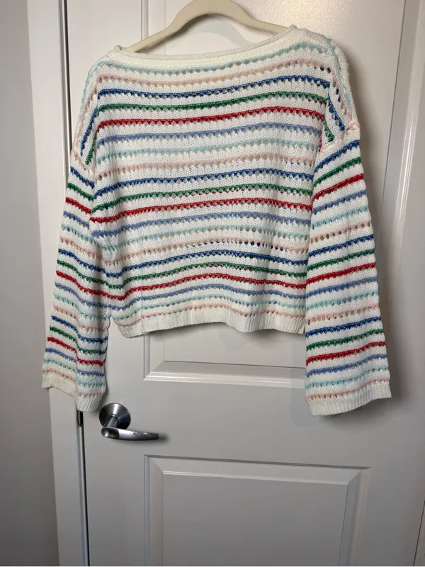 Striped Cream Crochet Crewneck Sweater with Multicolor Accents - Image 5