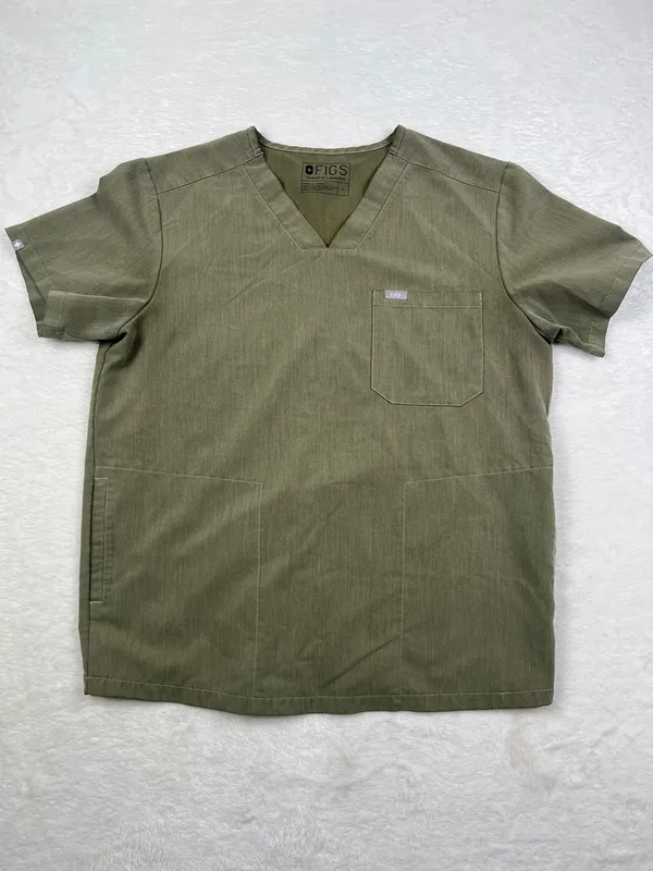 FIGS Heathered Olive Scrub Set Chisec Top Axiam Pants L/M PO1449 - Image 2