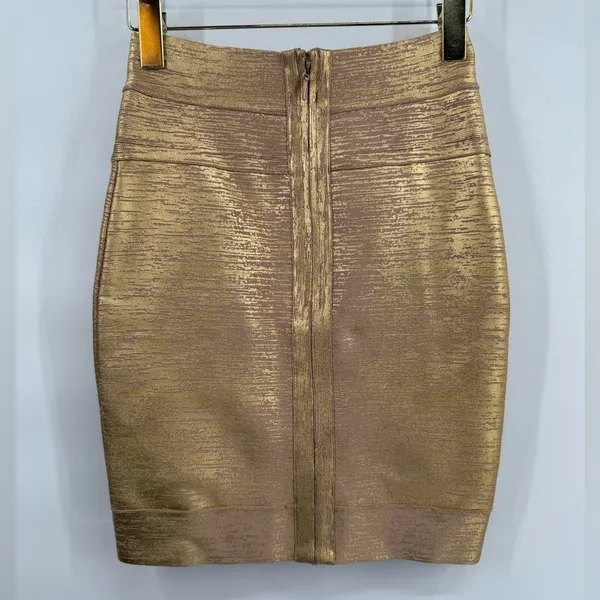 HERVE LEGER Champagne Gold Combo Bandage Fancy Mini Holiday Skirt small‎ - Image 2