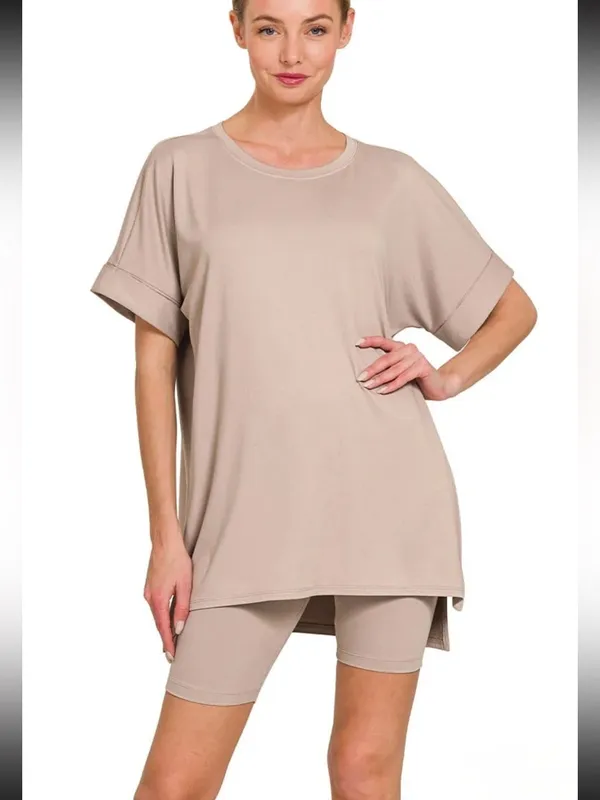 Zenana Brushed Microfiber Round Neck Top and Biker Shorts Set size small - Image 2