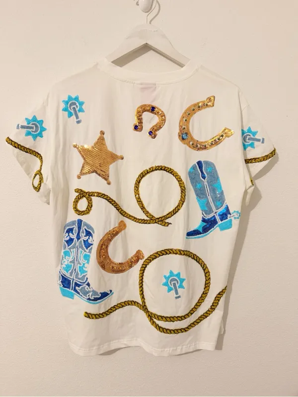 NEW Queen of Sparkles Cowgirl Icon Tee Sequin Blue White Size Small * - Image 7