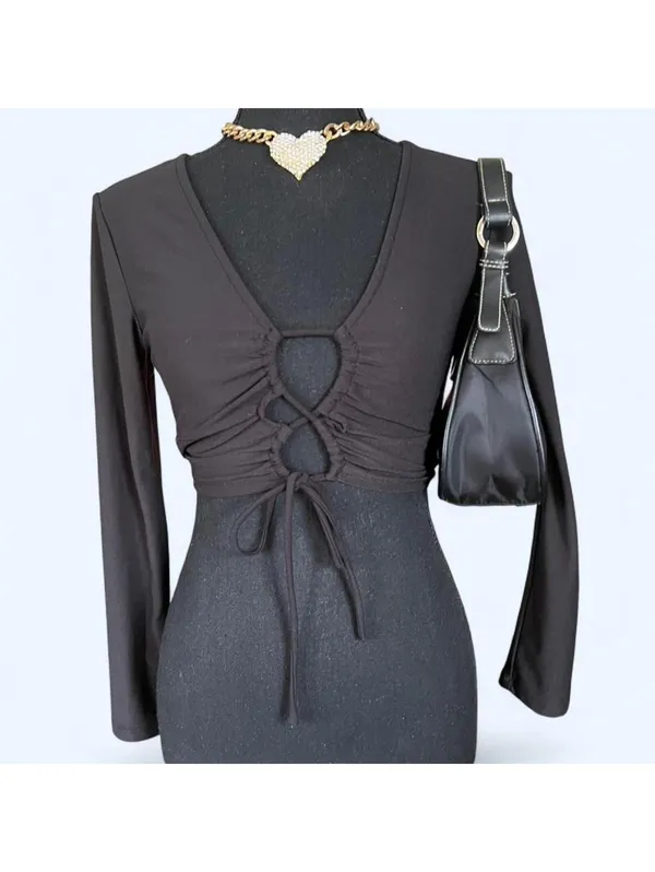 Y2K Black coquette long sleeve top with tie detail size small 🖤 - Image 2