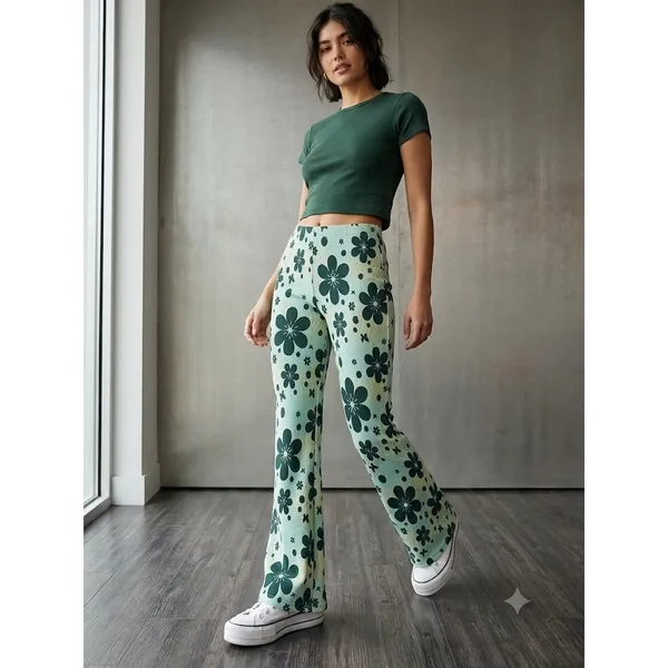 Urban Outfitters Retro Green Floral‎ Knit Flare Pants - Size S - Image 6