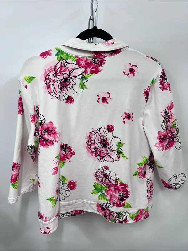 Floral sequin Button-Up Jacket White Pink & Green Flowers pockets L Stained - Image 12