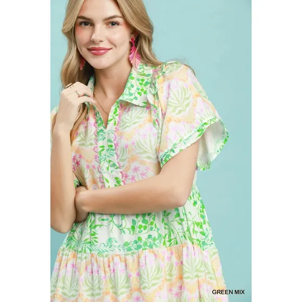 Umgee Mixed Floral Tiered Mini Dress with‎ Flutter Sleeves - Green Mix - Small - Image 5