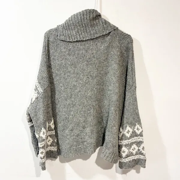 Free People Fairisle Split‎ Neck Wool Blend Sweater Gray Ivory Size Medium - Image 7