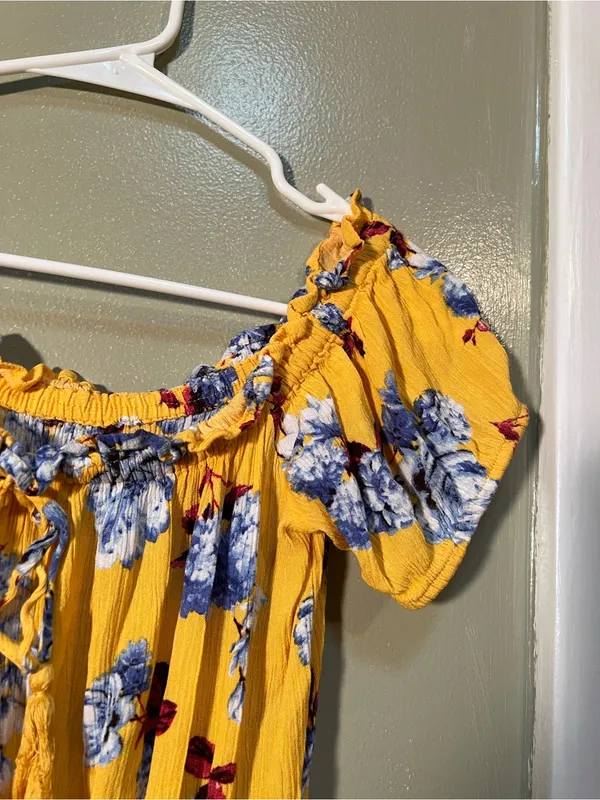 Womens Off Shoulder Mini Dress Yellow Burgundy Blue Floral Smocked Elastic Waist - Image 5