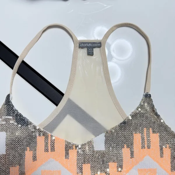 Charlotte Russe XS Sequined Geometric Cami Top Peach Gold Silver Racerback💋 - Image 14