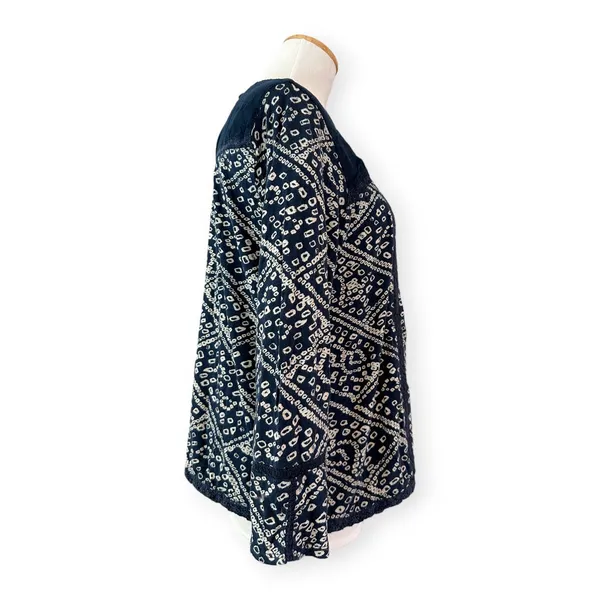 Lucky Brand | L | Navy Patterned Lace Accent Cotton Boho Peasant Shirt Top - Image 3