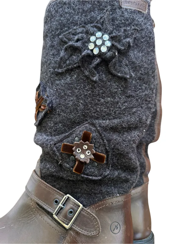 Bronx Vinyage Womans Two-Tone Brown Leather and Charcoal Felt Embellished Boots - Image 7