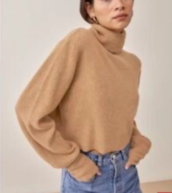 Reformation Luisa Tan Brown Knit Cashmere Turtleneck Cropped Sweater - Image 5